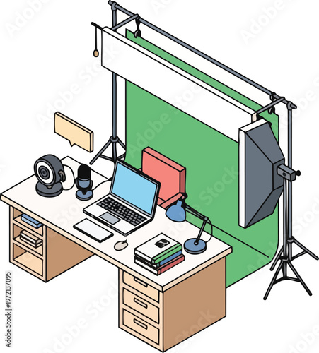 Isometric Professional Home Studio Setup for Vlogging and Streaming with Green Screen and Lighting Equipment
