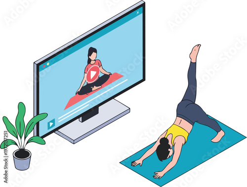 Isometric Illustration of Woman Doing Online Yoga at Home Following a Video Class on a Large Monitor - Digital Fitness and Remote Wellness Concept