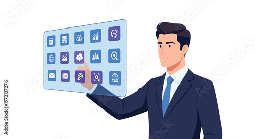 A professional businessman in a dark navy suit interacts with a transparent floating digital interface filled with various blue and purple cloud computing icons.