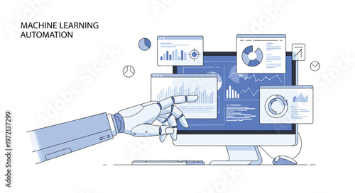 A sophisticated blue-toned robotic hand points directly at a desktop monitor displaying multiple windows of financial charts and machine learning automation text.