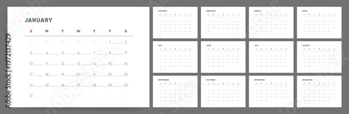 2027 Monthly Calendar template set. Ultra minimal clean calendar for 2027 with underline date style on grey. Week starts on Sunday.
