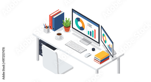 A pristine and organized isometric home office workspace showcases dual monitors with colorful financial charts alongside a warm cup of coffee and books.