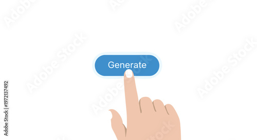 A clean illustration depicts a human finger precisely clicking a vibrant blue generate button positioned centrally within a vast and minimalist white digital workspace.