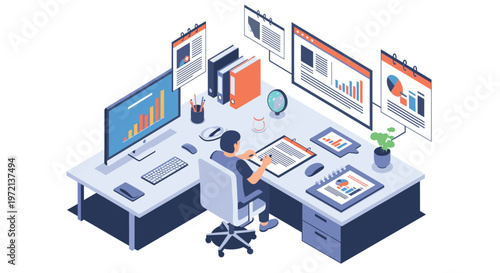A dedicated data analyst sits at a spacious isometric workstation featuring multiple monitors with vibrant bar charts and various organized office supplies and documents.