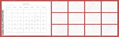 2027 Monthly Calendar template set. Elegant minimal calendar for 2027 with full weekday names on burgundy. Week starts on Sunday.
