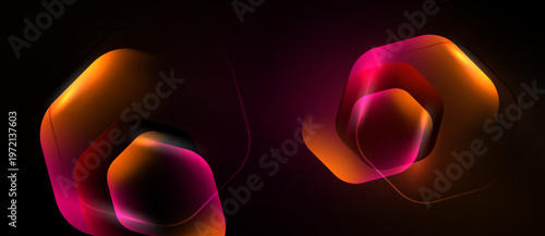 Abstract glowing shapes overlap, creating vibrant orange, pink hues against dark background. Modern design element.