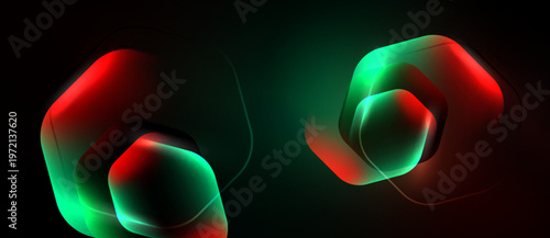 Abstract shapes, vibrant red, green hues dominate dark background. Geometric forms overlap, creating glowing effect. Modern design.