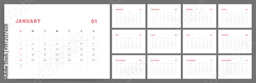 2027 Monthly Calendar template set. Bold pink minimal calendar for 2027 with numbered months in landscape. Week starts on Sunday.