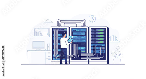 Professional IT technician wearing a headset manages complex blue network cabling within a modern server room featuring three large racks and furniture.
