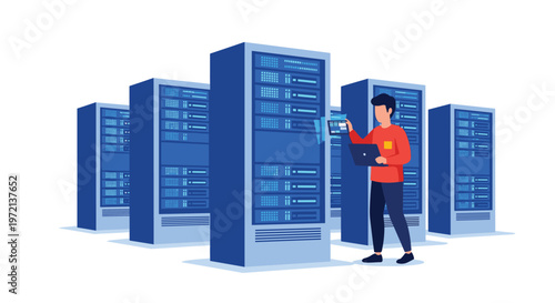 Skilled technician in a vibrant red shirt operates a laptop while standing among several tall blue server racks within a spacious data center facility.
