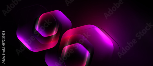 Abstract hexagons glow, layered upon dark background. Vibrant pinks, purples create futuristic feel. Smooth gradients define shapes.