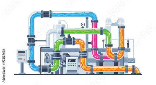 Intricate network of transparent industrial pipes transports vibrant blue green pink and orange glowing liquids through a meticulous grey factory plant.