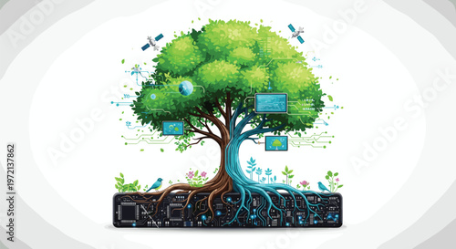 Vibrant green tree with intricate digital blue circuitry roots grows from a complex electronic motherboard featuring satellites and data screens in space.