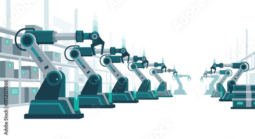 Row of teal industrial robotic arms meticulously performing automated tasks within a modern high-tech warehouse facility under bright sterile lighting setup.