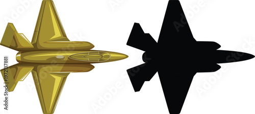 Golden jet fighter plane with black silhouette on white background vector illustration