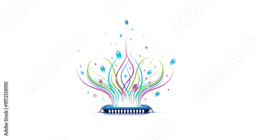 A sleek blue computer microchip serves as the base for an eruption of vibrant swirling neon green, pink, and cyan lines and floating crystals.