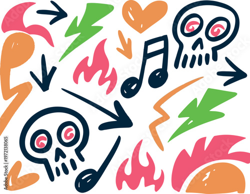 Stylized street art doodles with skulls and music notes for contemporary underground culture designs.