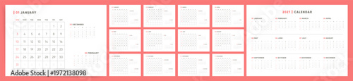 2027 Monthly Calendar template set. Minimal coral calendar for 2027 with accent bar and full annual overview. Week starts on Sunday.