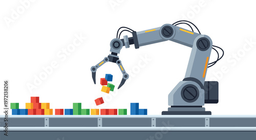A sophisticated grey industrial robotic arm meticulously sorts and drops vibrant red, blue, yellow, and green cubes onto a sleek metallic conveyor belt system.