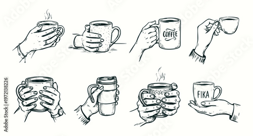 Vintage Hand Drawn Illustration Set of Hands Holding Coffee Mugs and Tea Cups