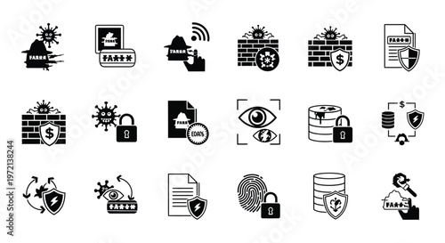 Vector illustration of set of cybersecurity and data protection icons featuring viruses, firewalls, passwords, biometrics, and secure databases