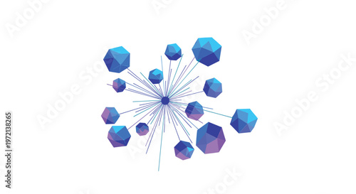 A central blue node radiates thin connecting lines outward to various faceted geometric shapes in shades of vibrant blue and purple on a white plane.