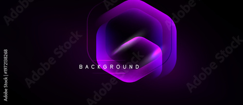 Dark background features vibrant hexagon shape. Purple, pink hues create modern abstract design. Text reads background. Minimalist aesthetic.