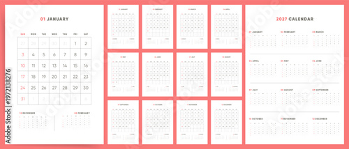 2027 Monthly Calendar template set. Complete coral calendar for 2027 with monthly and annual overview pages. Week starts on Sunday.