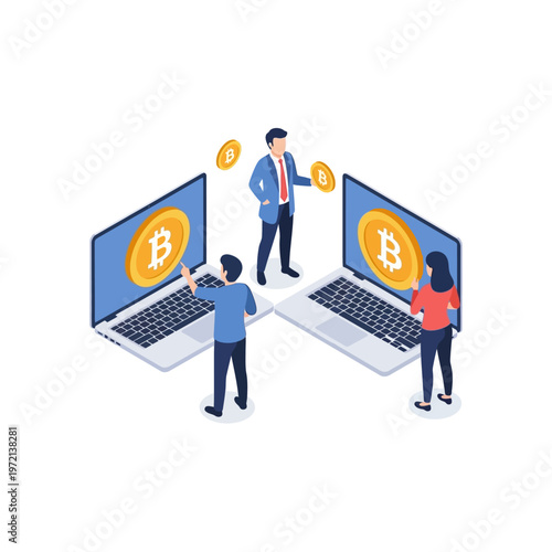 People interacting with laptops displaying Bitcoin, illustrating cryptocurrency exchange.