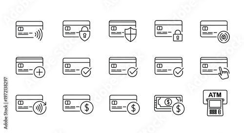 Vector illustration of set of credit card line icons, including payment, security, and banking symbols