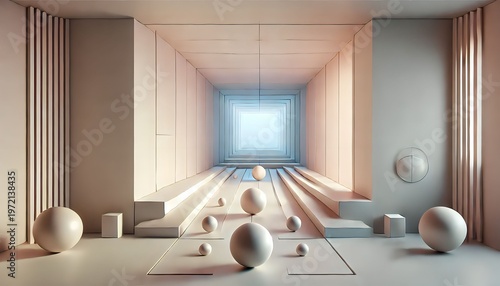 Futuristic Minimal Geometric Tunnel Interior with Perfect Symmetry and Floating Spheres