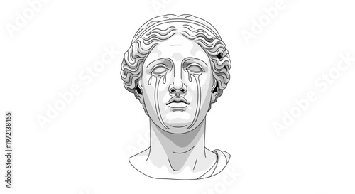 A classical white marble sculpture of a female head faces forward while thick black tears stream down her cheeks on a solid pristine white background.