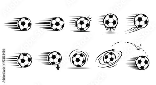 Vector illustration of set of soccer balls in motion with speed lines and trajectory arrows
