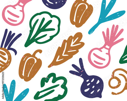 Vegetable garden elements pattern background with colorful hand drawn sketches of organic food icons.
