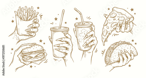 Vintage Hand Drawn Illustration Set of Hands Holding Fast Food and Drinks