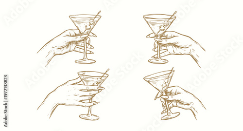 Vintage Hand Drawn Illustration Set of Hands Holding Martini Cocktail Glasses