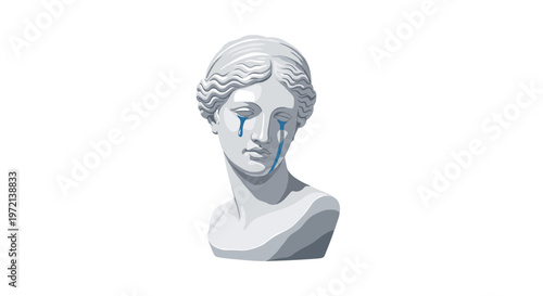 A pristine white stone sculpture of a female bust is positioned at a three-quarter angle with vibrant blue tears flowing down her sad and grieving face.