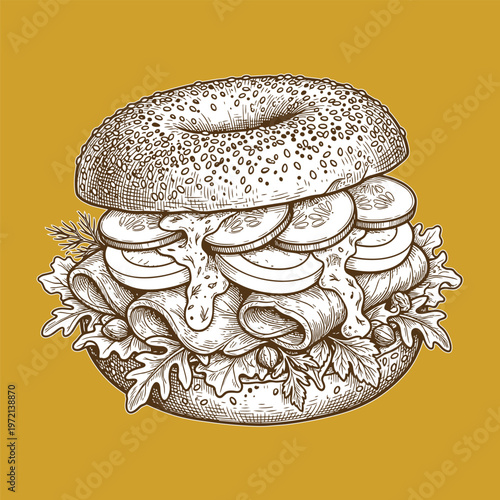 Fresh Bagel Bakery Engraving Vector Illustration