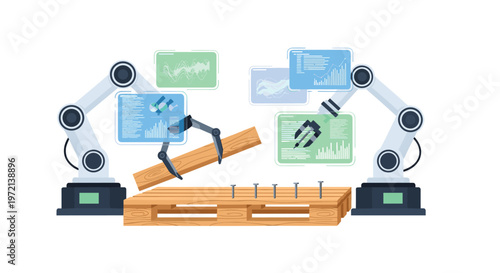 Two powerful robotic arms precisely position wooden planks and steel nails on a pallet while floating digital screens display real-time construction data and analytics.