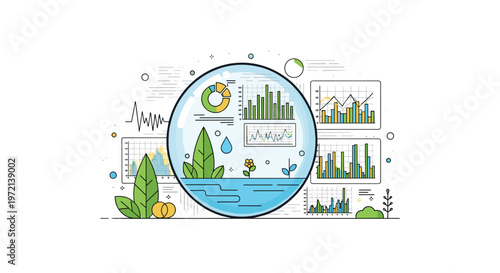 A central glass sphere housing a miniature aquatic ecosystem is meticulously monitored by a comprehensive array of vibrant colorful data charts and scientific visualizations.