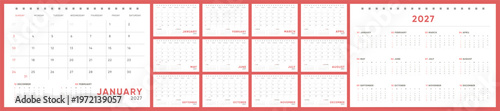 2027 Monthly Calendar template set. Clean minimal calendar for 2027 with full weekday names and annual overview. Week starts on Sunday.