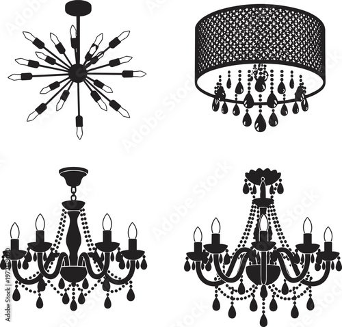 Chandelier silhouettes collection elegant ceiling lights crystal lamps vintage lighting fixtures decorative interior design vector set isolated on white background