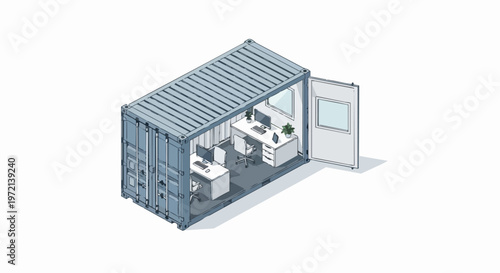 Isometric Illustration of a Modern Shipping Container Office Interior with Desks and Computers on White Background