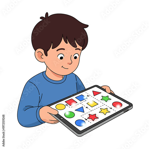 Boy holding digital learning tablet device.