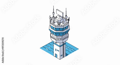 Isometric Control Tower Illustration with Radar and Communication Antennas
