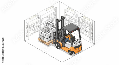 Isometric Forklift Operator Lifting Cardboard Boxes in Warehouse Storage Facility