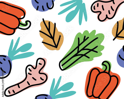 Vibrant hand painted vegetables and leaves scattered on transparent background.