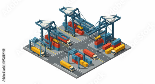 Isometric Container Terminal Illustration for Global Logistics and Cargo Shipping Operations