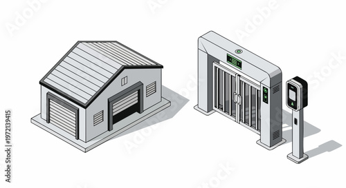 Isometric Industrial Warehouse and High-Tech Security Access Control Gate System Illustrations