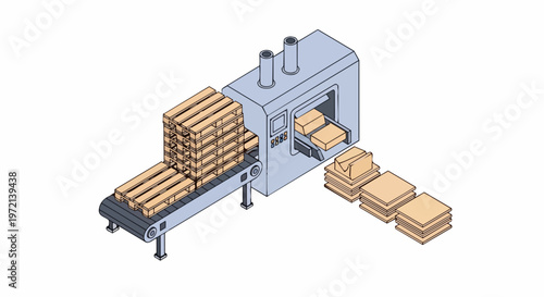 Isometric Industrial Machine Recycling Wooden Pallets into Sustainable Raw Materials